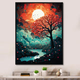 Magical Red Tree Next To Full Moon River - Owl Living Room Wall Art