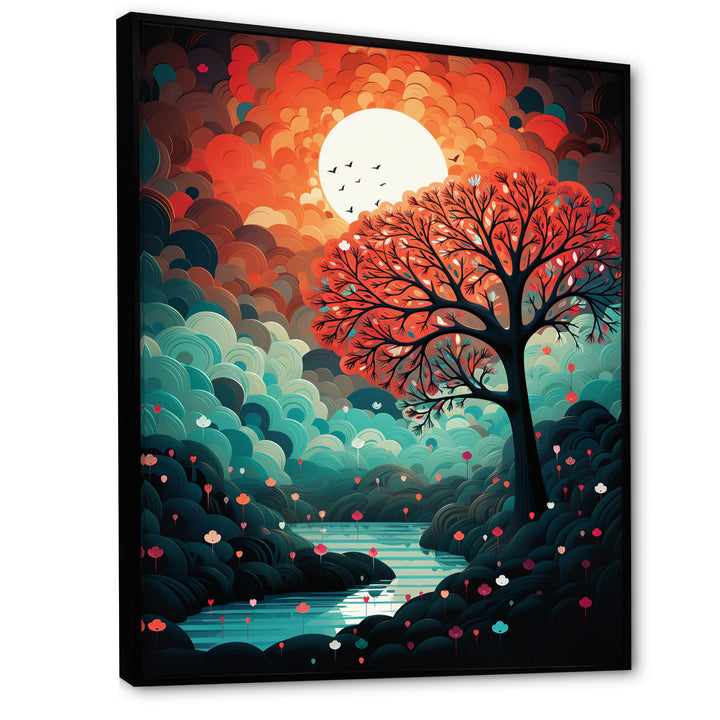 Magical Red Tree Next To Full Moon River - Owl Living Room Wall Art