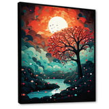 Magical Red Tree Next To Full Moon River - Owl Living Room Wall Art