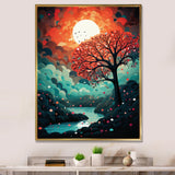 Magical Red Tree Next To Full Moon River - Owl Living Room Wall Art