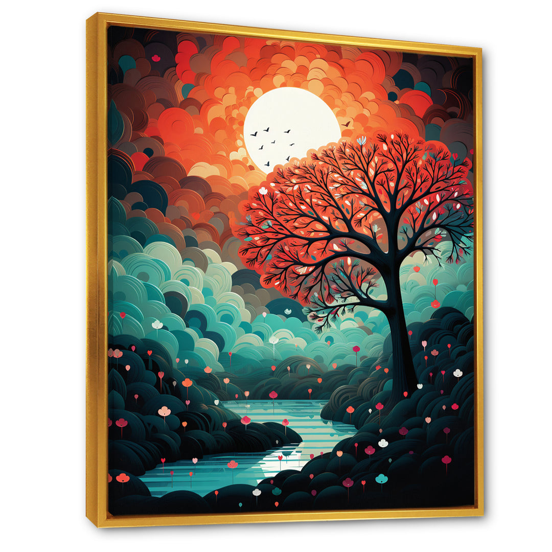 Magical Red Tree Next To Full Moon River - Owl Living Room Wall Art