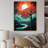 Magical Red Tree Next To Full Moon River - Owl Living Room Wall Art