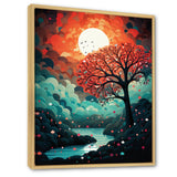Magical Red Tree Next To Full Moon River - Owl Living Room Wall Art