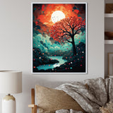 Magical Red Tree Next To Full Moon River - Owl Living Room Wall Art