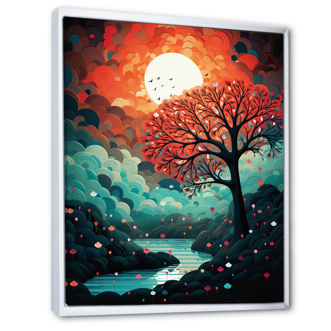 Magical Red Tree Next To Full Moon River - Owl Living Room Wall Art