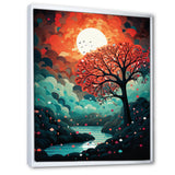 Magical Red Tree Next To Full Moon River - Owl Living Room Wall Art