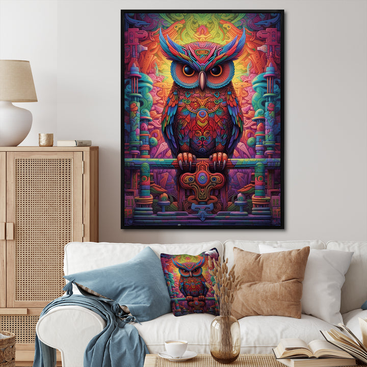 Purple Yellow Colorful Owl gaze - Purple Owl Wall Art