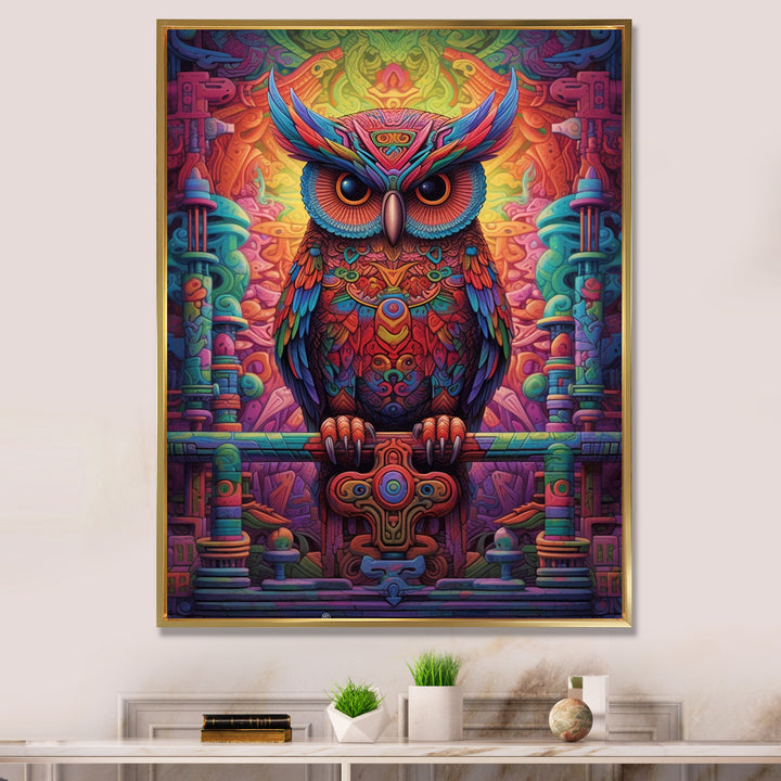 Purple Yellow Colorful Owl gaze - Purple Owl Wall Art