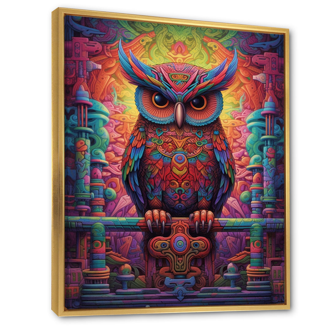 Purple Yellow Colorful Owl gaze - Purple Owl Wall Art