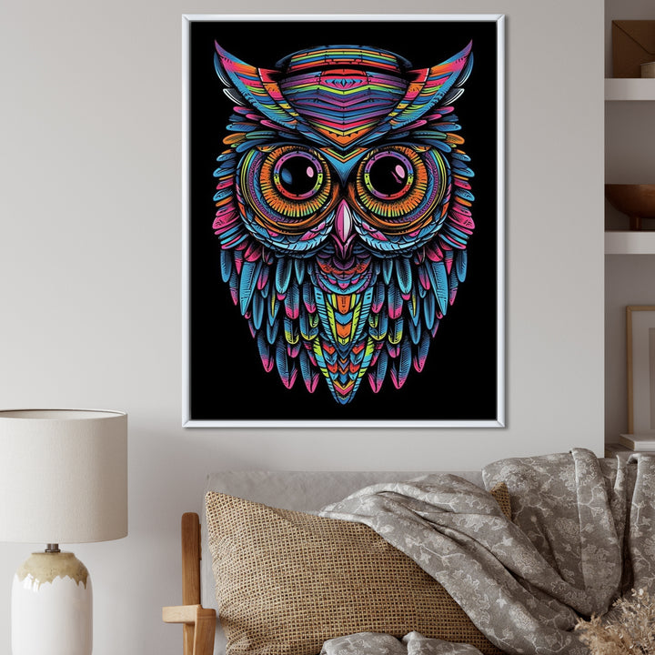 Psychedelic Owl Portrait On Black - Owl Home Decor Art