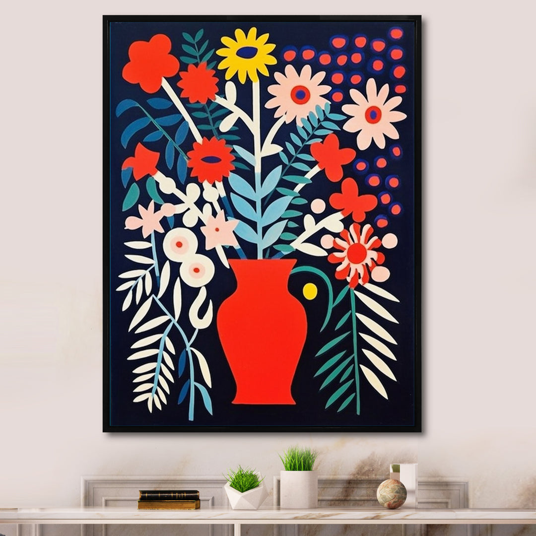 Retro Bouquet Wildflowers In Red Vase - Owl Canvas Wall Art