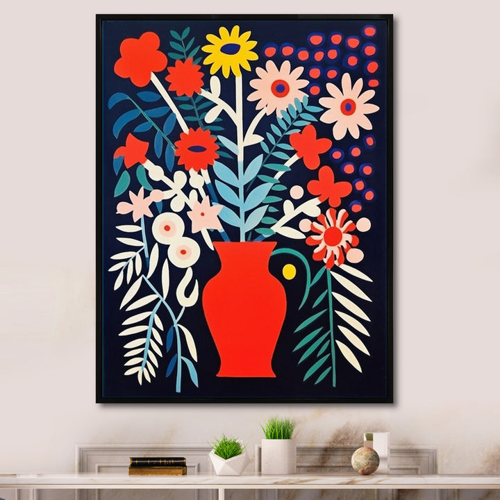 Retro Bouquet Wildflowers In Red Vase - Owl Canvas Wall Art