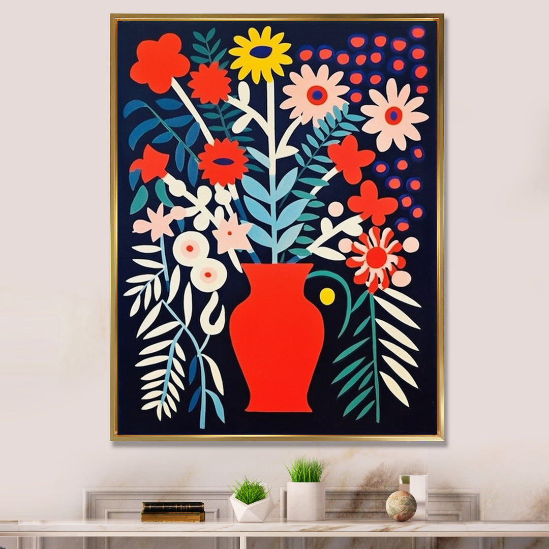 Retro Bouquet Wildflowers In Red Vase - Owl Canvas Wall Art