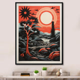 Retro Full Moon Landscape In Red And Black - Owl Wall Art Prints