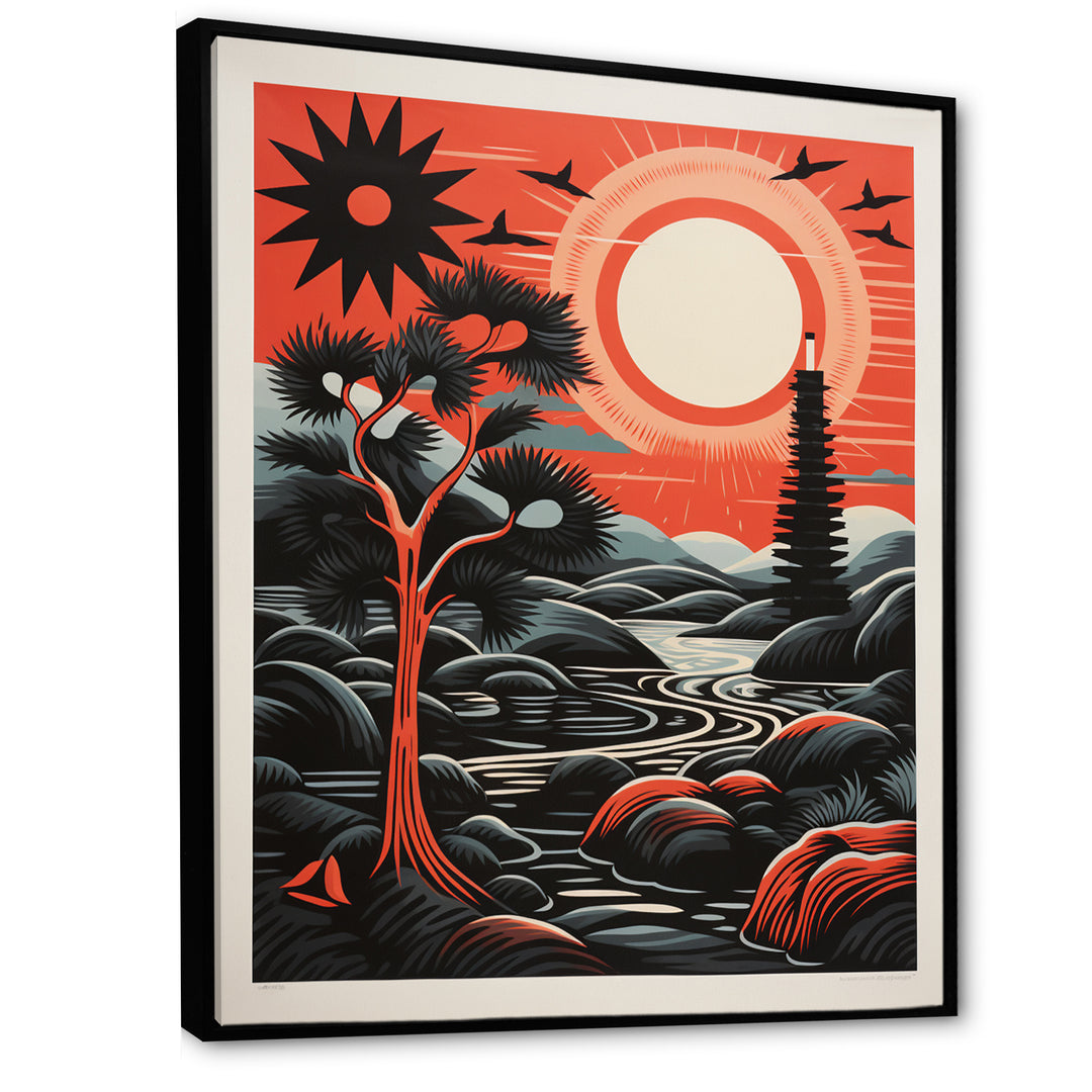 Retro Full Moon Landscape In Red And Black - Owl Wall Art Prints