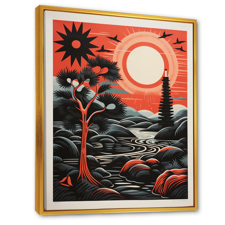 Retro Full Moon Landscape In Red And Black - Owl Wall Art Prints