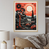 Retro Full Moon Landscape In Red And Black - Owl Wall Art Prints