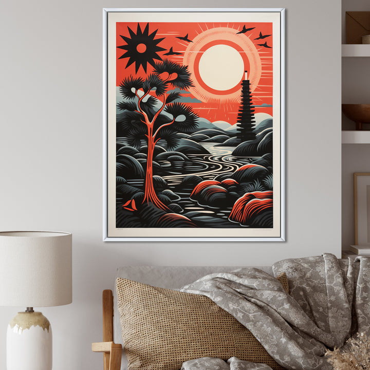 Retro Full Moon Landscape In Red And Black - Owl Wall Art Prints