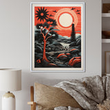 Retro Full Moon Landscape In Red And Black - Owl Wall Art Prints