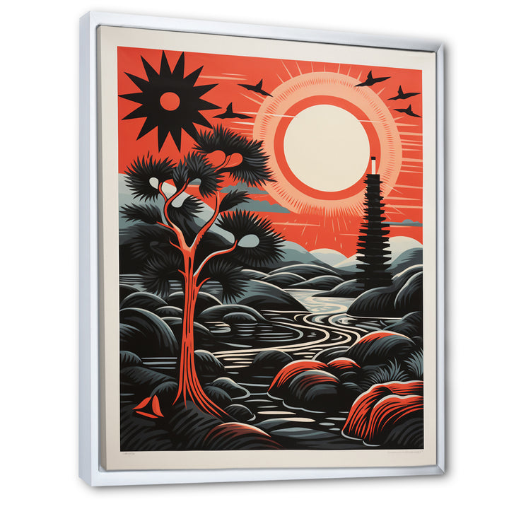 Retro Full Moon Landscape In Red And Black - Owl Wall Art Prints