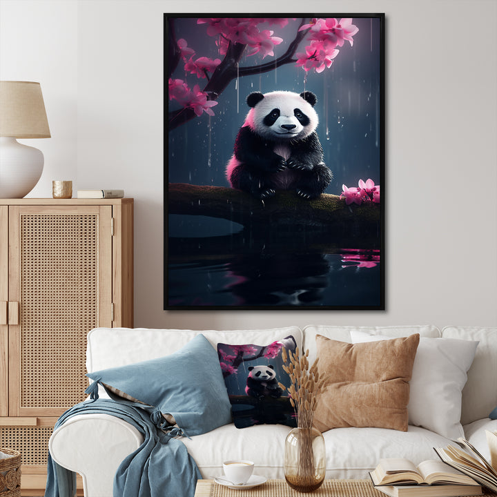 Cute Panda On Branch With Pink Flowers - Panda Framed Canvas Art