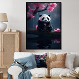 Cute Panda On Branch With Pink Flowers - Panda Framed Canvas Art