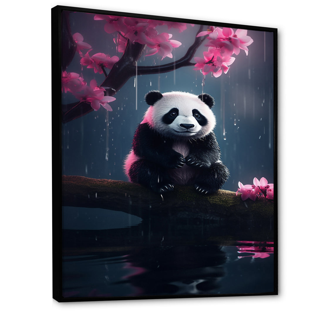 Cute Panda On Branch With Pink Flowers - Panda Framed Canvas Art