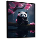 Cute Panda On Branch With Pink Flowers - Panda Framed Canvas Art
