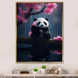 Cute Panda On Branch With Pink Flowers - Panda Framed Canvas Art