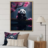 Cute Panda On Branch With Pink Flowers - Panda Framed Canvas Art