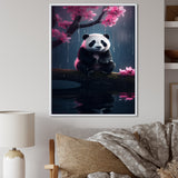 Cute Panda On Branch With Pink Flowers - Panda Framed Canvas Art
