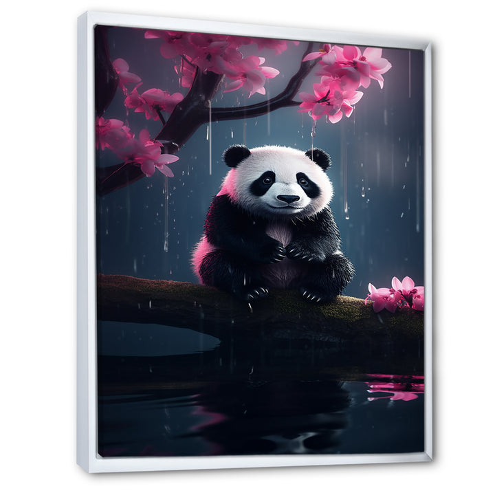 Cute Panda On Branch With Pink Flowers - Panda Framed Canvas Art