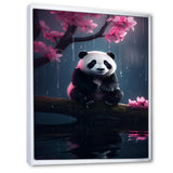 Cute Panda On Branch With Pink Flowers - Panda Framed Canvas Art