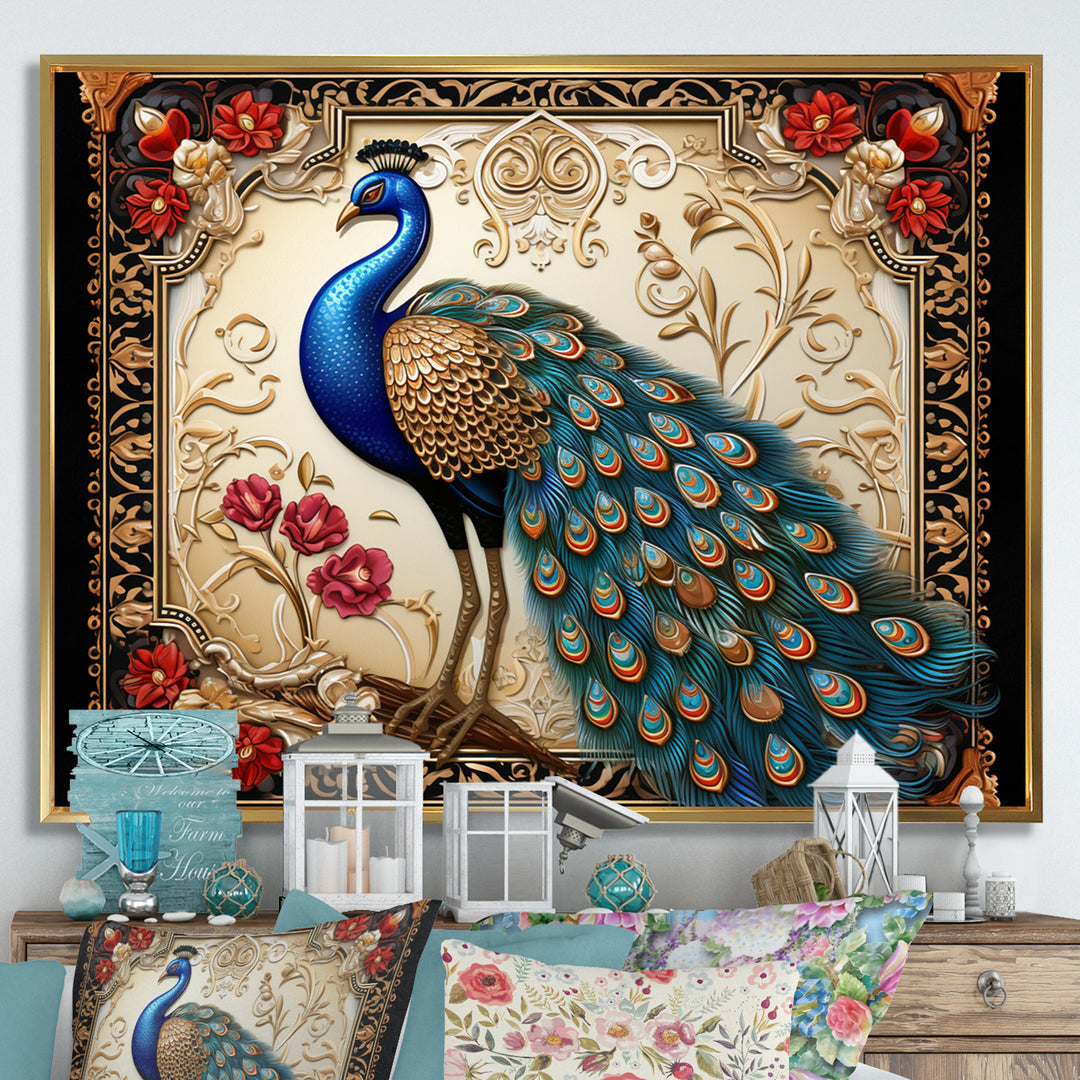 Retro Illustration Of Glorious Blue Peacock - Blue Peacock Wall Art