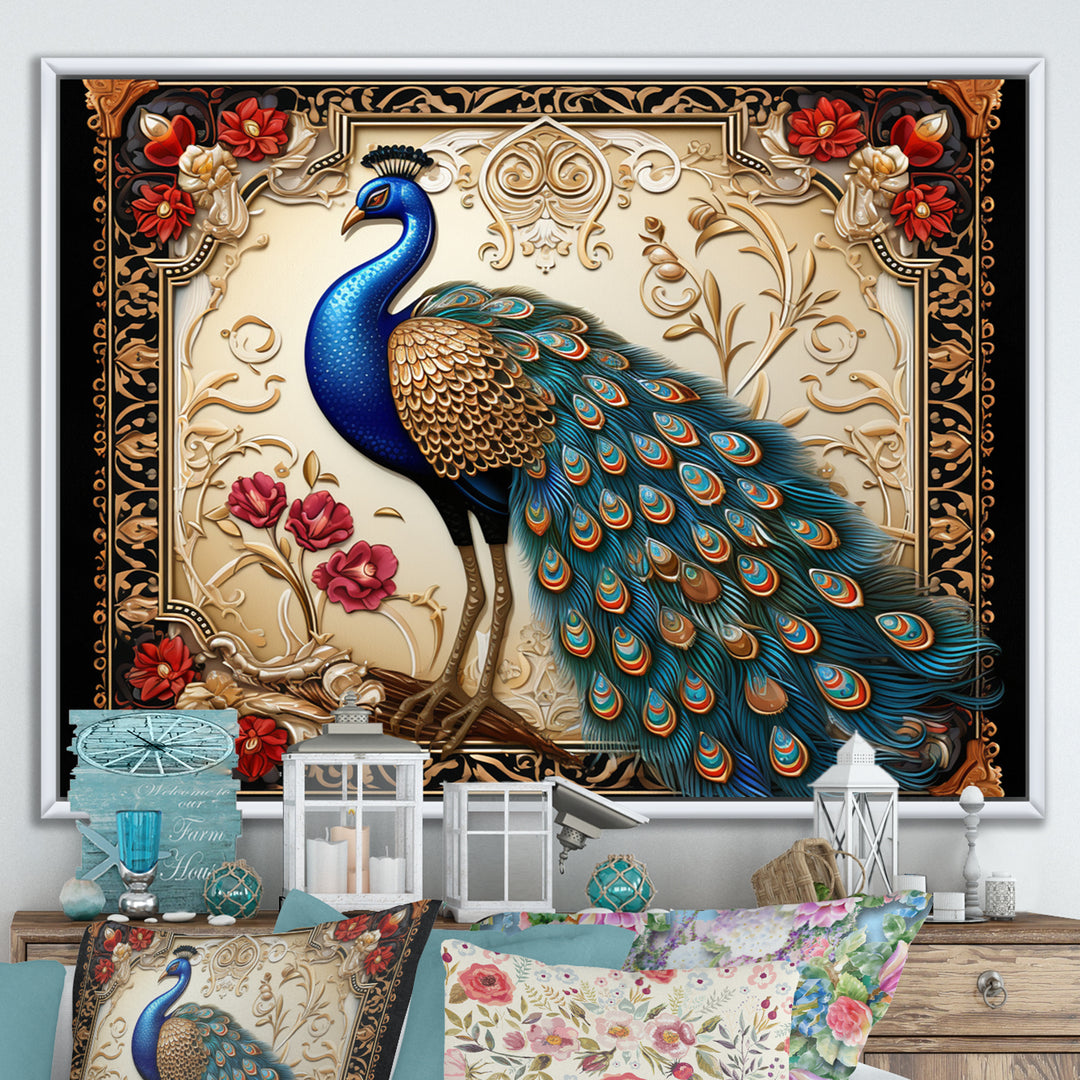 Retro Illustration Of Glorious Blue Peacock - Blue Peacock Wall Art