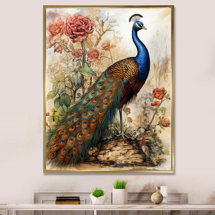 Vintage Illustration Of Glorious Peacock - Peacock Large Canvas Wall Art
