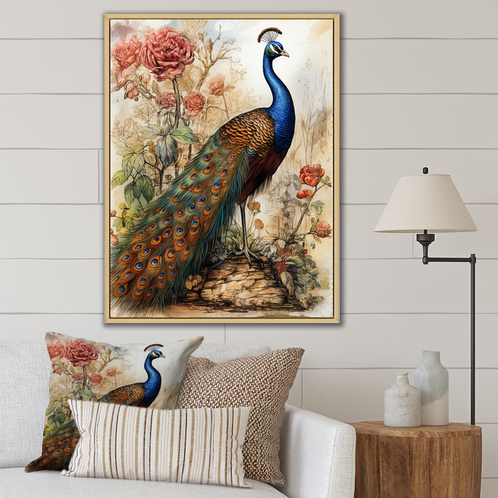 Vintage Illustration Of Glorious Peacock - Peacock Large Canvas Wall Art