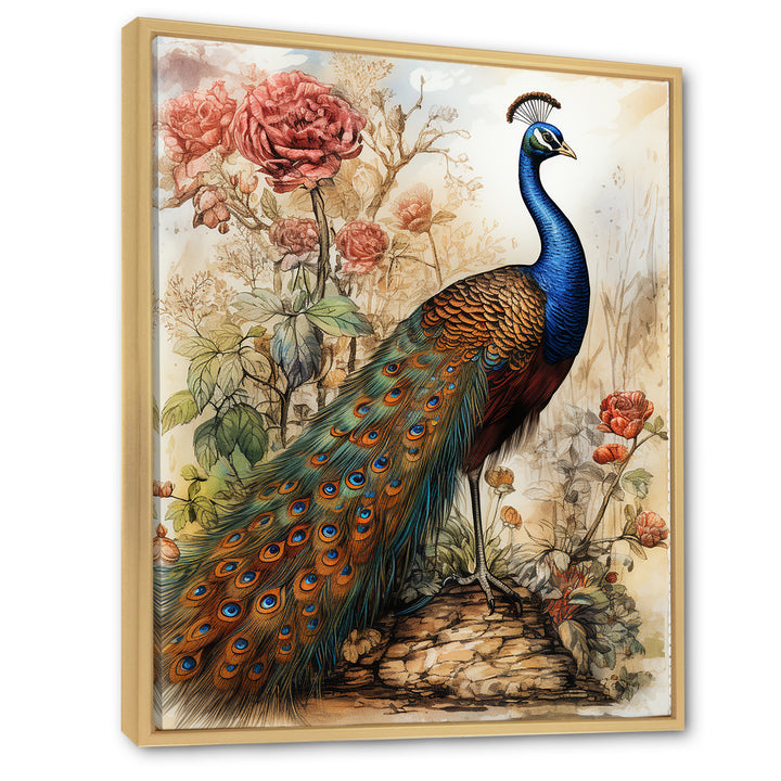 Vintage Illustration Of Glorious Peacock - Peacock Large Canvas Wall Art