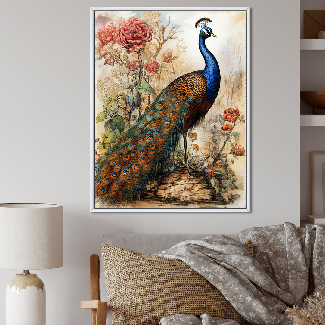 Vintage Illustration Of Glorious Peacock - Peacock Large Canvas Wall Art