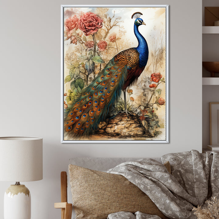 Vintage Illustration Of Glorious Peacock - Peacock Large Canvas Wall Art