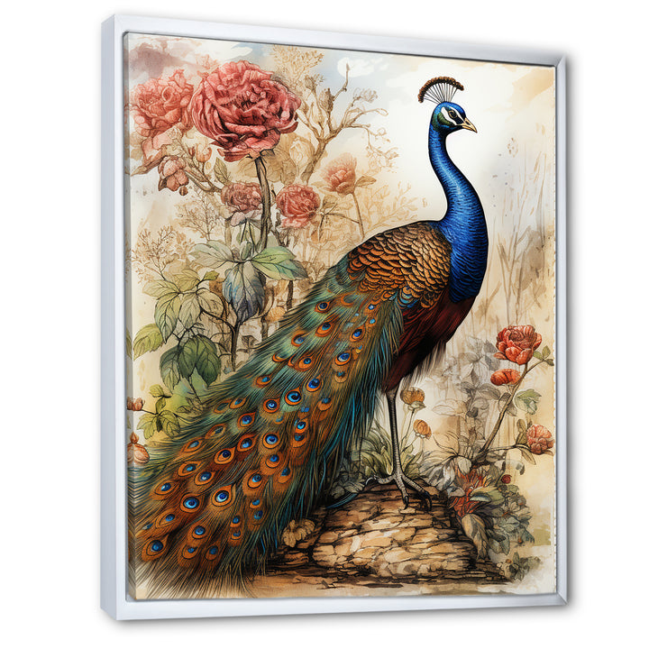 Vintage Illustration Of Glorious Peacock - Peacock Large Canvas Wall Art