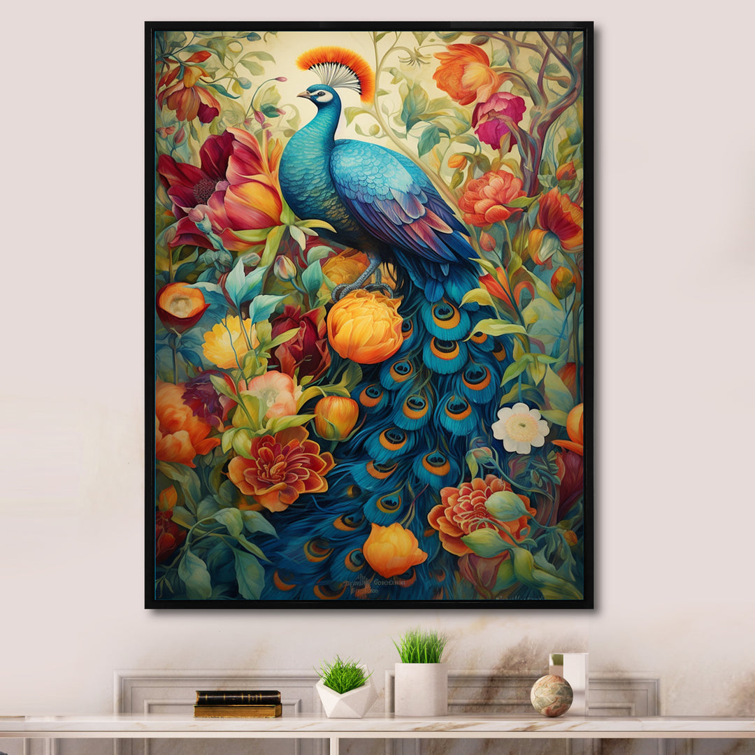Colorful Painting Of Blue Peacock In Flower Field - Peacock Home Decor Art