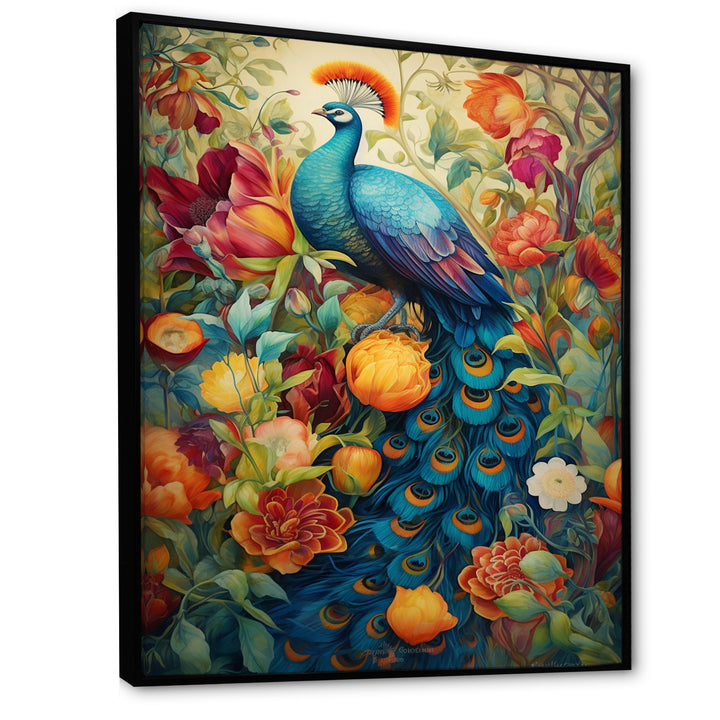 Colorful Painting Of Blue Peacock In Flower Field - Peacock Home Decor Art