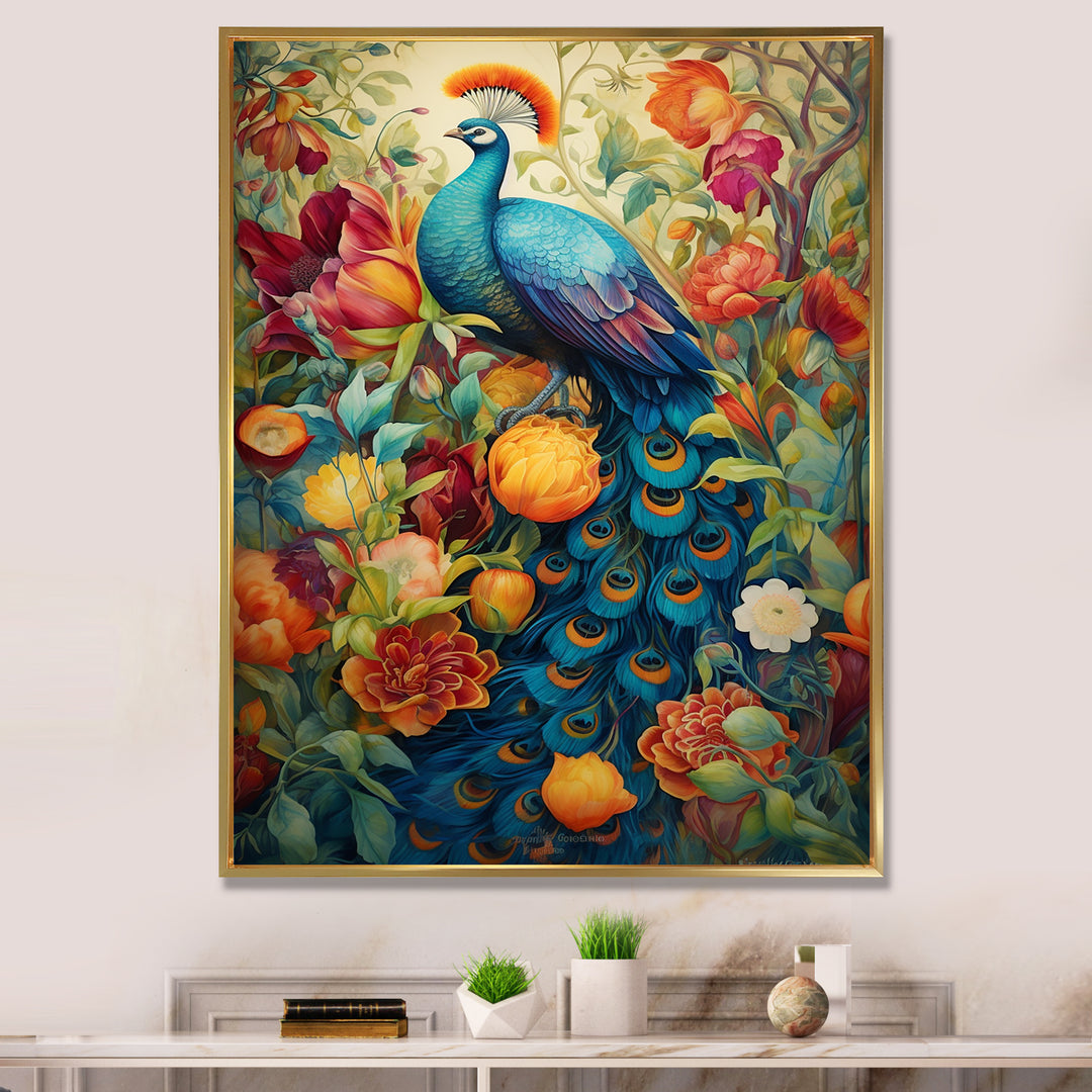 Colorful Painting Of Blue Peacock In Flower Field - Peacock Home Decor Art