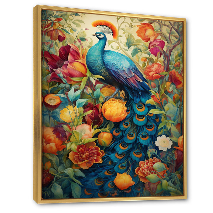 Colorful Painting Of Blue Peacock In Flower Field - Peacock Home Decor Art