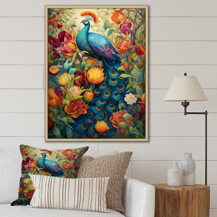 Colorful Painting Of Blue Peacock In Flower Field - Peacock Home Decor Art