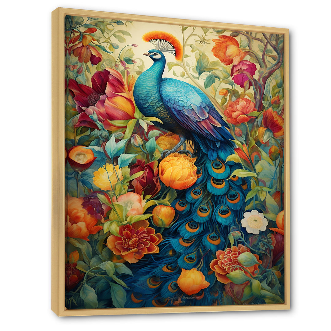 Colorful Painting Of Blue Peacock In Flower Field - Peacock Home Decor Art