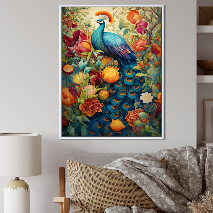Colorful Painting Of Blue Peacock In Flower Field - Peacock Home Decor Art