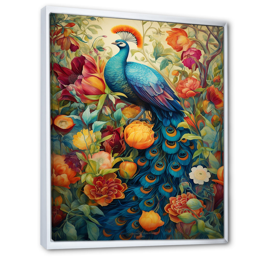Colorful Painting Of Blue Peacock In Flower Field - Peacock Home Decor Art