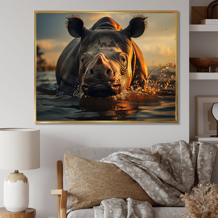 Wild Rhino In The Water Wildlife Photography - Rhino Bedroom Wall Art